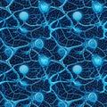 Neuron cells with blue glowing link knots in dark space. AI generative illustration