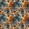 Neuron cells with blue and orange glowing link knots in dark space. AI generative illustration