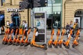 Neuron e-scooters lined up for hire in Newcastle upon Tyne, UK city centre