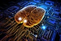 neuron human brain on electronic circuit board at tech