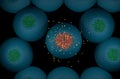 Postsynaptic neuron receptors dendrite receive emitted neurotransmitters from presynaptic neuron axon - top view 3d illustrati