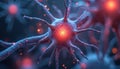 Neuronal cells inflamed with glowing red particles. Microscopic view of brain neurons linked in network. Central nervous system Royalty Free Stock Photo