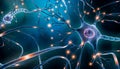 Neuronal network with electrical activity of neuron cells 3D rendering illustration. Neuroscience, neurology, nervous system and