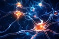 Neuronal network with electrical activity of neuron cells. Neuroscience, neurology, nervous system and impulse, brain