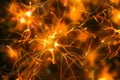 Neurons interconnected in an intricate web of synapses, with bright flashes indicating activity