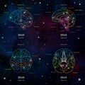 Neuroscience infographic on space background. Human brain lobes and sections illustration. Brain anatomy structure cross section.