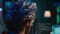 Neuroscientist uploads brain into cyberspace, gaining digital persona, close up