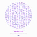 Neurosis concept in circle with thin line icon: panic attack, headache, fatigue, insomnia, phobia, mood instability, stuttering,