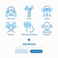 Neurosis thin line icon set: panic attack, headache, fatigue, despair, phobia, irritability. Vector illustration