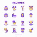 Neurosis thin line icon set: panic attack, headache, fatigue, insomnia, despair, phobia, mood instability, stuttering, psychalgia