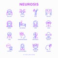 Neurosis thin line icon set: panic attack, headache, fatigue, insomnia, despair, phobia, mood instability, stuttering, psychalgia