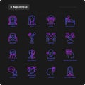 Neurosis thin line icon set: panic attack, headache, fatigue, insomnia, despair, phobia, mood instability, stuttering, psychalgia