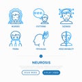 Neurosis thin line icons set: panic attack, despair, phobia, mood instability, stuttering, dizziness. Modern vector illustration