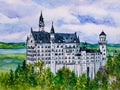 Neuschwanstein Castle. New Swanstone Castle. Palace on the top of the mountain. Watercolor paining. Royalty Free Stock Photo