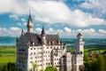 Neuschwanstein, landscape panorama. Picture of the fairy tale castle near Munich