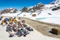 Outdoor sitting area of Eisgrat mountain station at Stubai Glacier in Tyrol, Austria