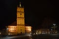 Neustrelitz city church illuminated at night on the market place, cityscape with copy space in the black sky, Mecklenburg-