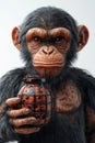 Curious chimpanzee holding an old grenade in a neutral setting, showcasing unusual juxtaposition between innocence and Royalty Free Stock Photo
