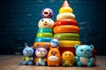 Neutral background hosts a playful array of baby toys