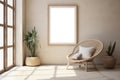 Neutral beige wall with one empty frame for wall art mockup. Monochrome boho room with minimalist chair and neutral decor