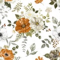 Watercolor floral seamless pattern with rust, burnt orange, grey and white flowers on white background. Fall botanical print Royalty Free Stock Photo