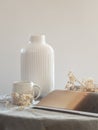 Neutral colors still life composition with a vase, cup and some dried flowers