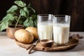 Neutral elegance Vegan potato milk powder in glasses, with focus