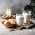 Neutral elegance Vegan potato milk powder in glasses, with focus