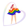 Neutral gender long-haired redhead person proudly standing with LGBT rainbow flag, on the background of rainbow heart