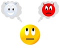 Neutral smiley hesitating between angel and devil Royalty Free Stock Photo