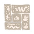 Neutral-toned patchwork design featuring various snakes elements arranged in rectangular segments isolated on white background.