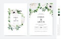 Neutral, vector, floral wedding invite, save the date card set. Spring white rose flowers, anemone, delicate lilac branches, green