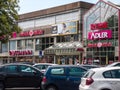 Neuwied, Germany - June 14, 2019: front of the shopping center with brands of ADLER, McFIT, Media Markt, REWE and ROSSMANN