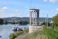 Neuwied, Germany - 09 07 2020:Rhine with ships and the Pegelturm