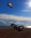 Neva Bay. Saint-Petersburg, Russia. Seascape with kitesurfing kites, backlit, with optical effects