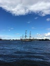 The Neva River with the sailing ship `Poltava`, which arrived to take part in the naval parade in St. Petersburg Royalty Free Stock Photo