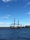 The Neva River with the sailing ship `Poltava`, which arrived to take part in the naval parade in St. Petersburg Royalty Free Stock Photo