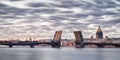 Neva river in Saint Petersburg panoramic view with divorced bridge at white nights