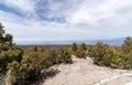 Nevada vegetation and desert path leading to a horizon view with mountains at the distance and blue clear sky with white clouds