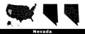 Nevada state map, USA. Set of Nevada maps with outline border, counties and US states map. Black and white color Royalty Free Stock Photo