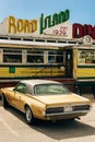 Nevada, USA - September 2019 Cougar mercury old retro car near retro restaurant