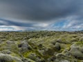 Never-ending Lava fields in Iceland with mountains, long exposure