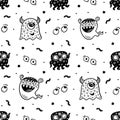 Never ending vector background with halloween monsters, worms, bugs and eyes. Black and white doodle illustration