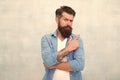 He never give bad advice. Male fashion style. Denim look. serious bearded man. Mature hipster with beard. Anti dandruff Royalty Free Stock Photo