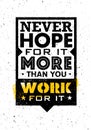 Never Hope For It More Than You Work For It. Inspiring Creative Motivation Quote. Vector Typography Banner Design