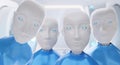 Never seen before. analysis. Group of friendly happy robots looks very carefully 3d-illustration