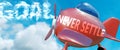 Never settle helps achieve a goal - pictured as word Never settle in clouds, to symbolize that Never settle can help achieving