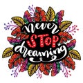 Never stop dreaming hand lettering.