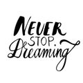 Never stop dreaming: inspirational quote, phrase.