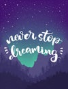 Never stop dreaming lettering poster.